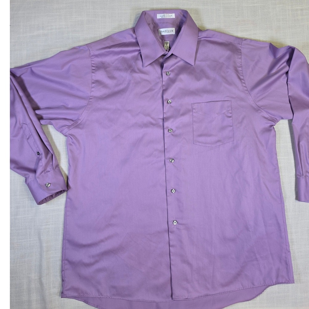 Van Heusen Mens Lux Sateen Wrinkle Free Dress Shirt Purple XL 17 34/35 Lg Sleeve